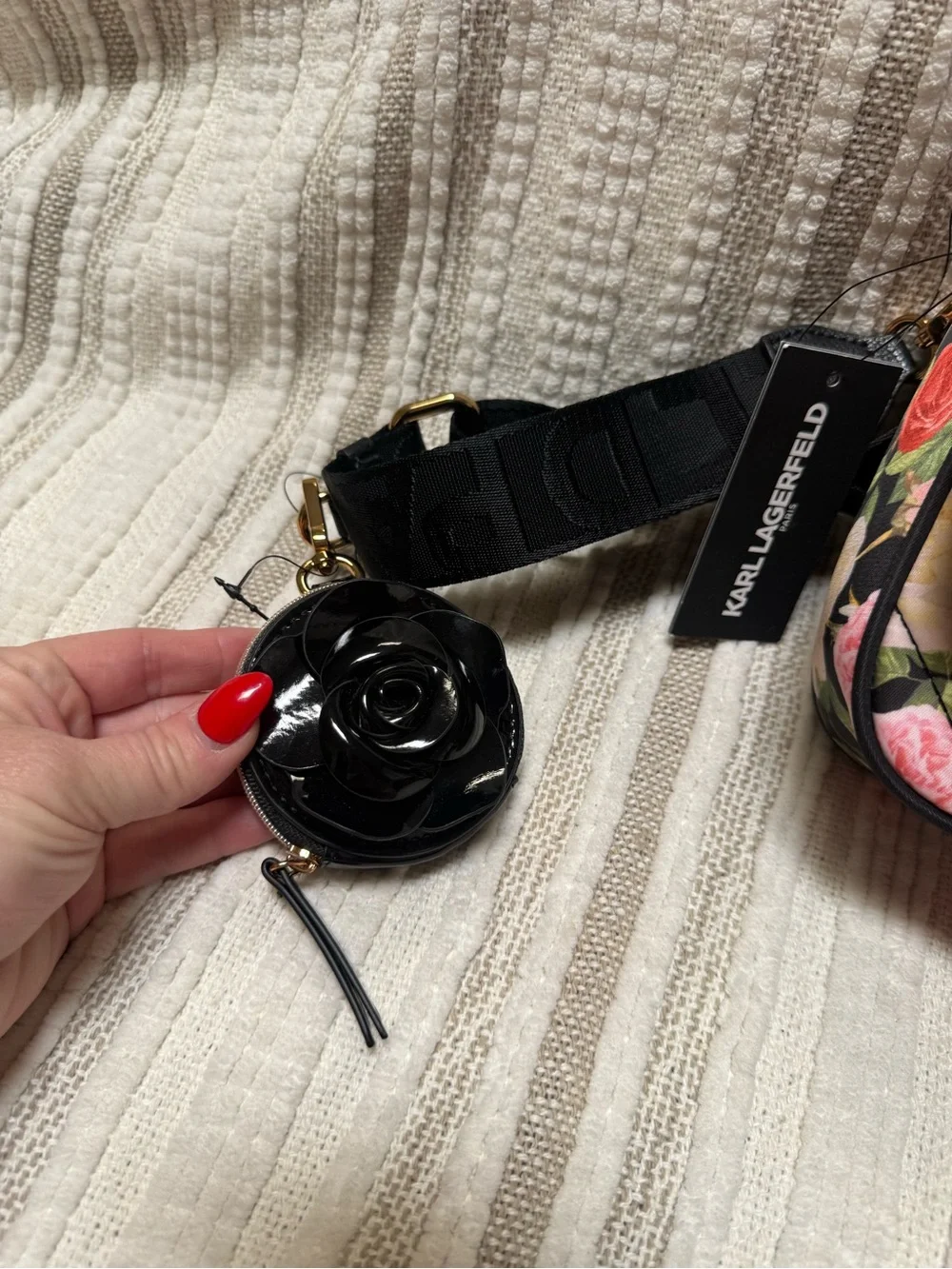 Karl Lagerfeld Quilted Floral Bag - Black with Red, Pink & Cream Roses